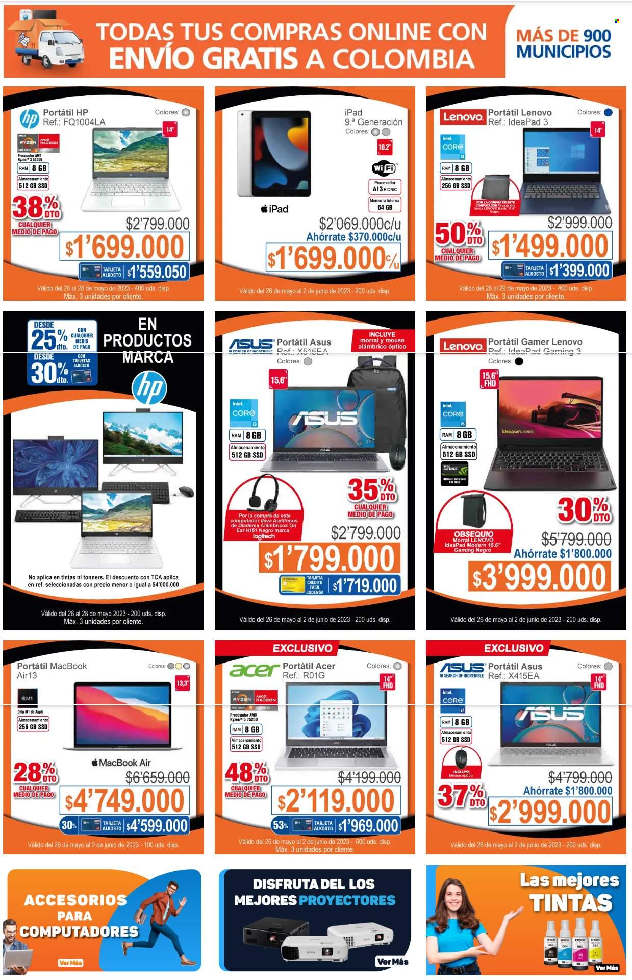 thumbnail - Folleto actual Alkosto - 27.5.2023 - 2.6.2023 - Ventas - Acer, Asus, Hewlett Packard, Lenovo, tablet, iPad, notebook, MacBook, IdeaPad, Logitech, auriculares, morral. Página 2.