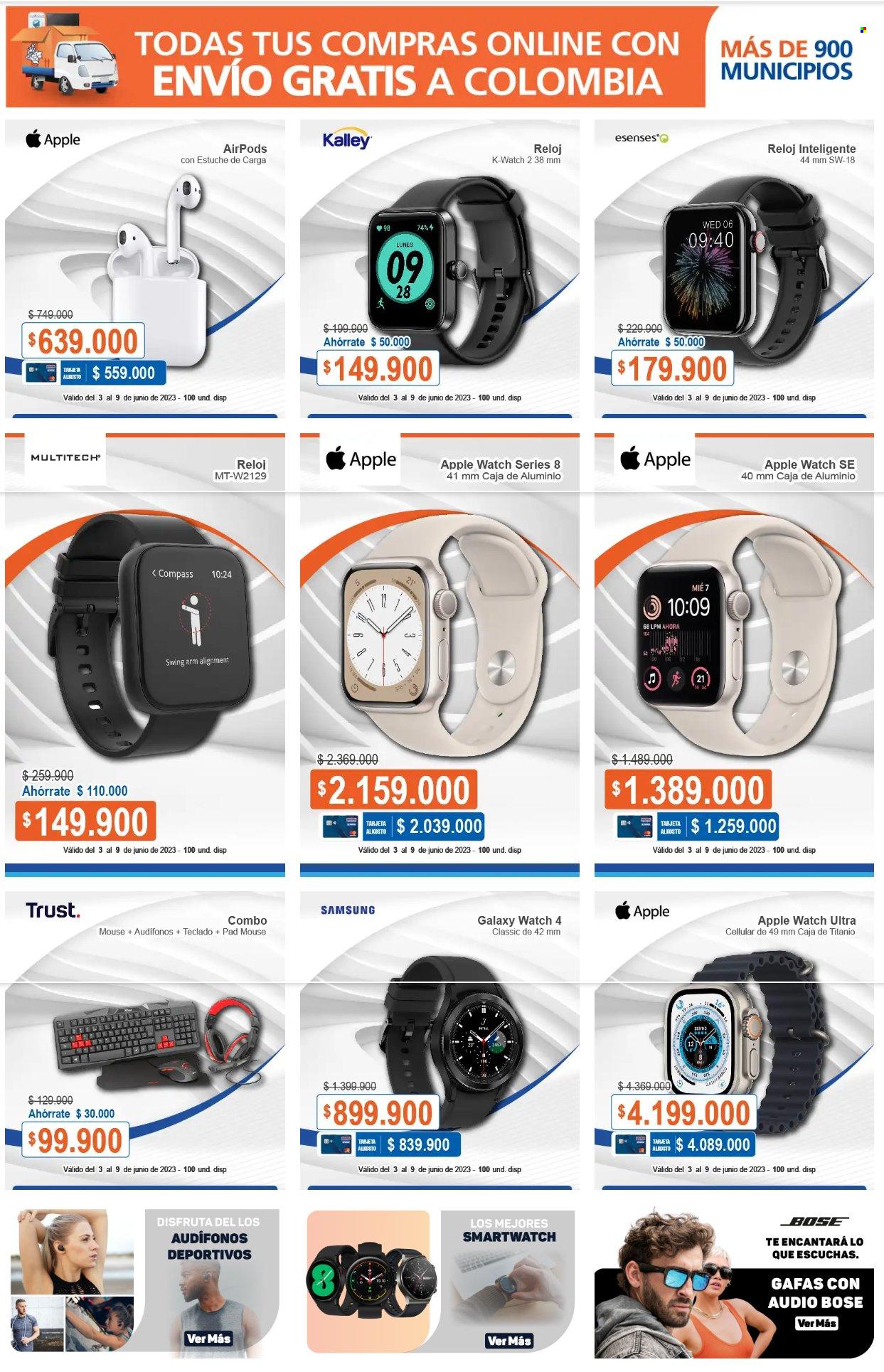 thumbnail - Folleto actual Alkosto - 3.6.2023 - 9.6.2023 - Ventas - Samsung, Apple, reloj, smartwatch, Samsung Watch, Apple Watch, ratón, Bose, auriculares, AirPods, gafas. Página 6.