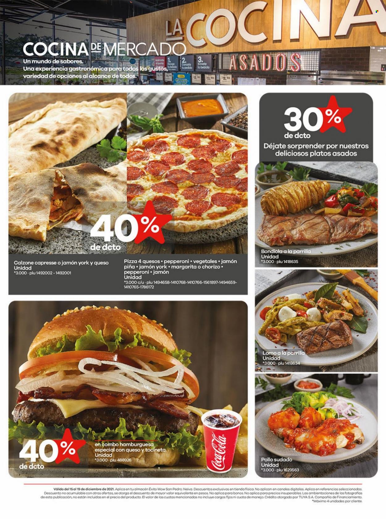 thumbnail - Folleto actual Éxito - 15.12.2021 - 29.12.2021 - Ventas - lomo, hamburguesa, pizza, Margarita, chorizo, bebida, Coca-cola. Página 2.