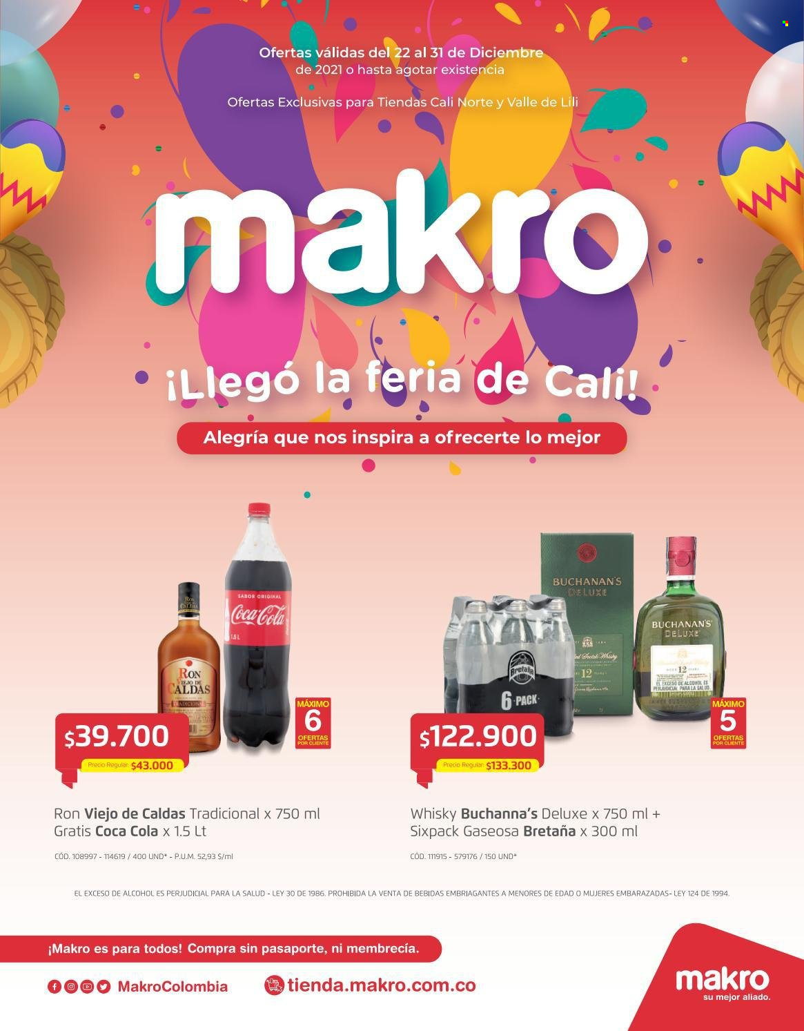 thumbnail - Folleto actual Makro - 22.12.2021 - 31.12.2021 - Ventas - Coca-cola, gaseosa, ron, whisky, Viejo de Caldas. Página 1.