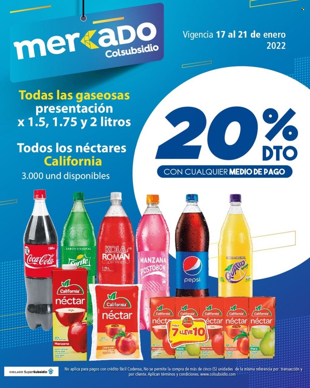 thumbnail - Folleto actual Colsubsidio - 17.1.2022 - 21.1.2022 - Ventas - nectar, Coca-cola, Pepsi. Página 1.