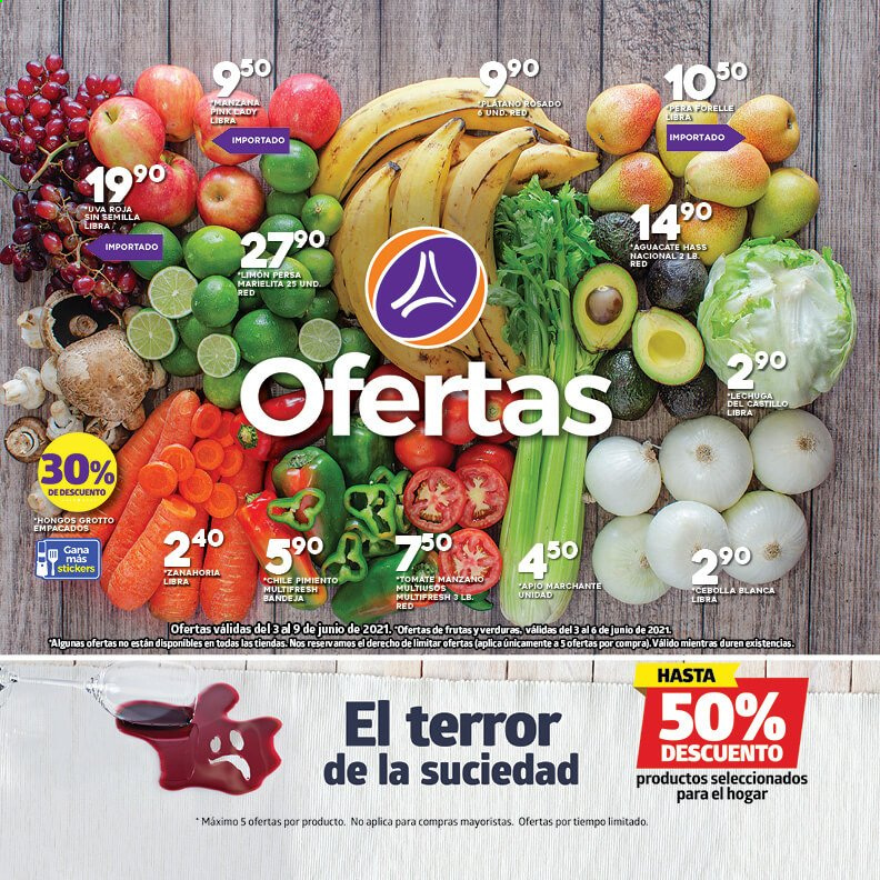thumbnail - Folleto actual Supermercados La Torre - 3.6.2021 - 9.6.2021 - Ventas - pera, uva, limón, manzanas, plátano, tomate, zanahoria, cebolla, lechuga, pimiento. Página 1.
