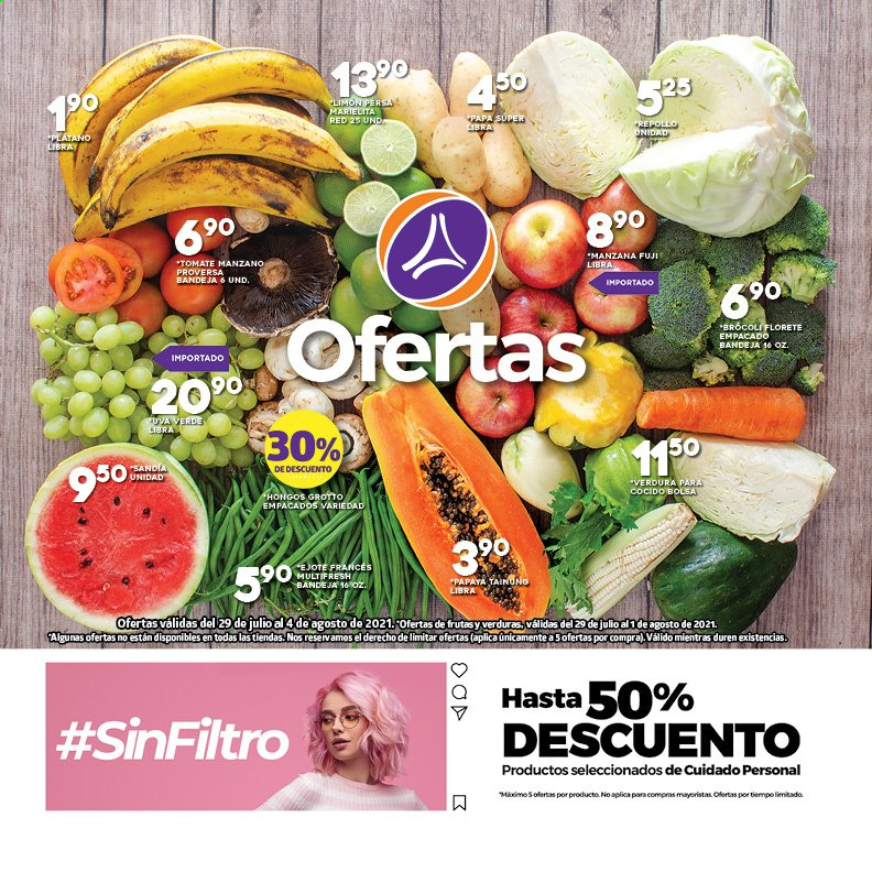 thumbnail - Folleto actual Supermercados La Torre - 29.7.2021 - 4.8.2021 - Ventas - uva, limón, manzanas, plátano, tomate, brócoli, papa. Página 1.