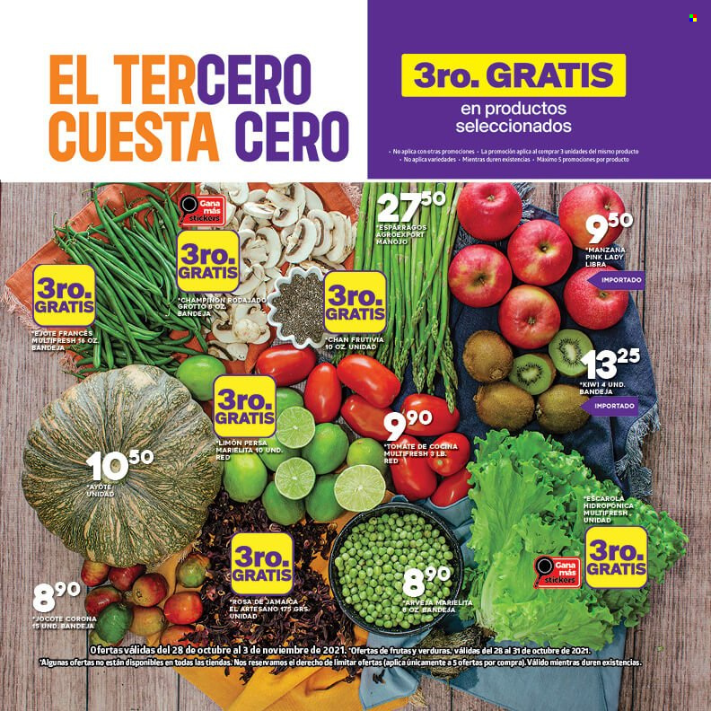 thumbnail - Folleto actual Supermercados La Torre - 28.10.2021 - 3.11.2021 - Ventas - Corona, kiwi, limón, manzanas, tomate, espárragos, champiñón. Página 1.