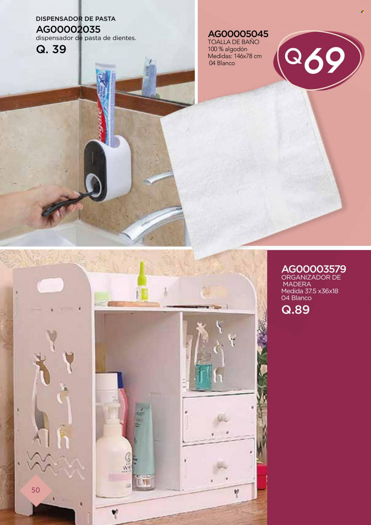 thumbnail - Folleto actual Agora - Ventas - pasta dental, dispensador, organizador, toalla de baño. Página 50.