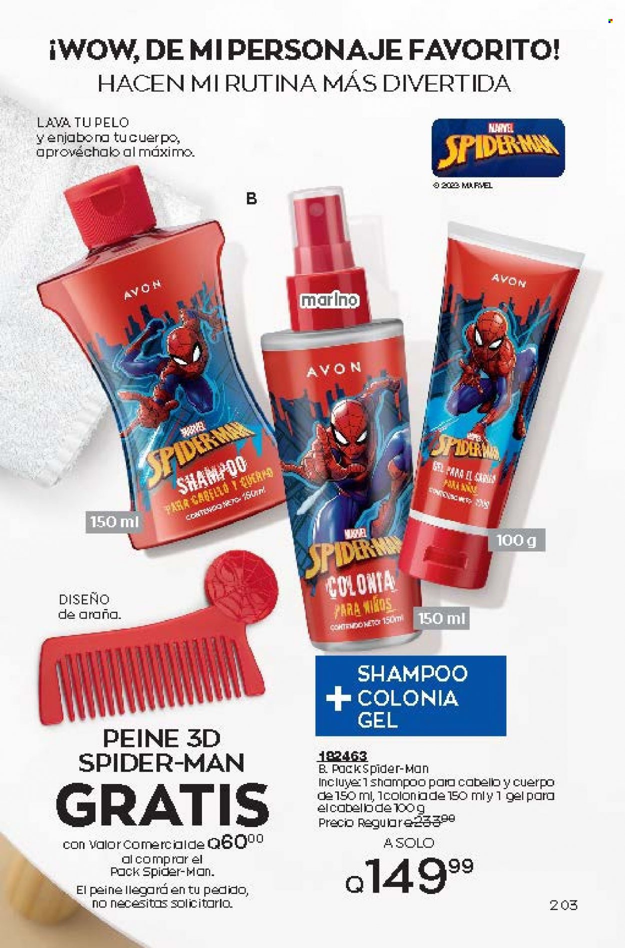 thumbnail - Folleto actual Avon - Ventas - Marvel, Spiderman, champú, peine, mantel, shampoo. Página 203.