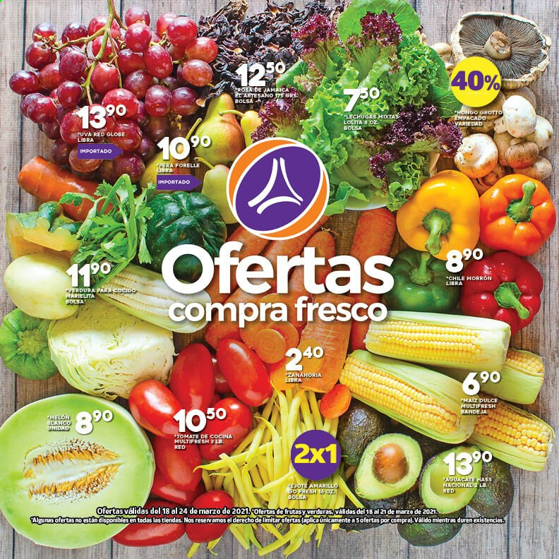 thumbnail - Folleto actual Supermercados La Torre - 18.3.2021 - 24.3.2021 - Ventas - pera, uva, aguacate, tomate, zanahoria, melón blanco, melón. Página 1.