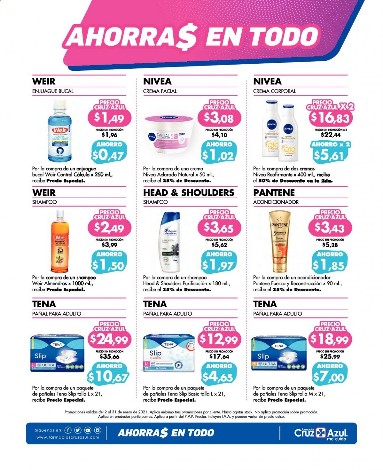 thumbnail - Folleto actual Farmacias Cruz Azul - 1.1.2021 - 31.1.2021 - Ventas - Nivea, champú, Head & Shoulders, enjuague bucal, Pantene, acondicionador, shampoo y acondicionador, Tena. Página 11.