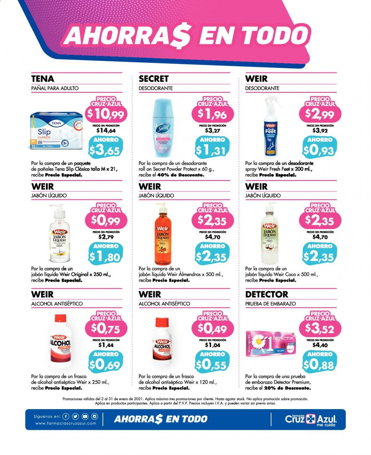 thumbnail - Folleto actual Farmacias Cruz Azul - 1.1.2021 - 31.1.2021 - Ventas - desodorante de bola, desodorante, Tena, teste de gravidez. Página 12.