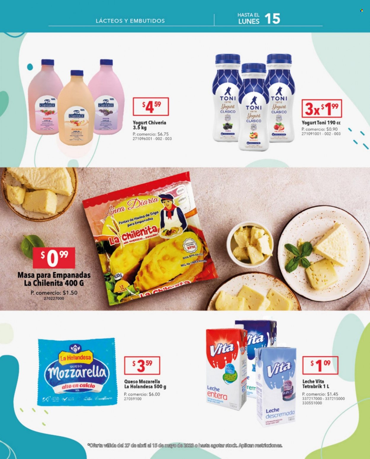 Folleto actual Tía - 27.4.2023 - 29.5.2023 - Ventas - empanada, embutidos, queso, mozzarella, yogur, leche, leche desnatada, leche entera, pasta. Página 13.