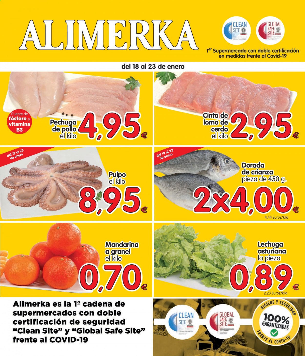 thumbnail - Folleto actual Alimerka - 18/01/21 - 23/01/21 - Ventas - lomo de cerdo, cinta de lomo, pechuga de pollo, pollo, mandarina, lechuga, dorada pescado, pulpo, Crianza. Página 1.