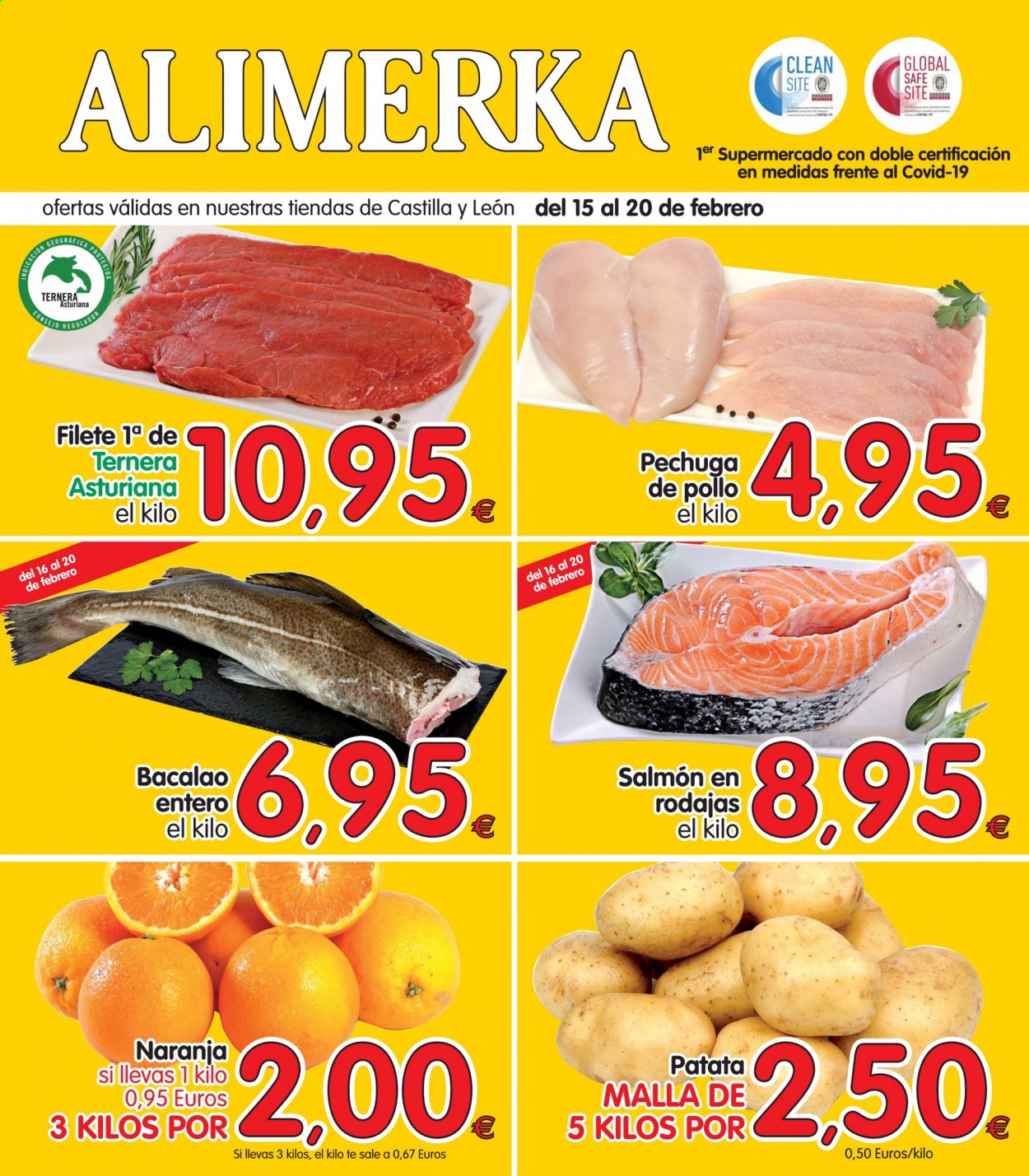 thumbnail - Folleto actual Alimerka - 15/02/21 - 20/02/21 - Ventas - pechuga de pollo, pollo, carne de ternera, naranja, patatas, bacalao, salmón. Página 1.