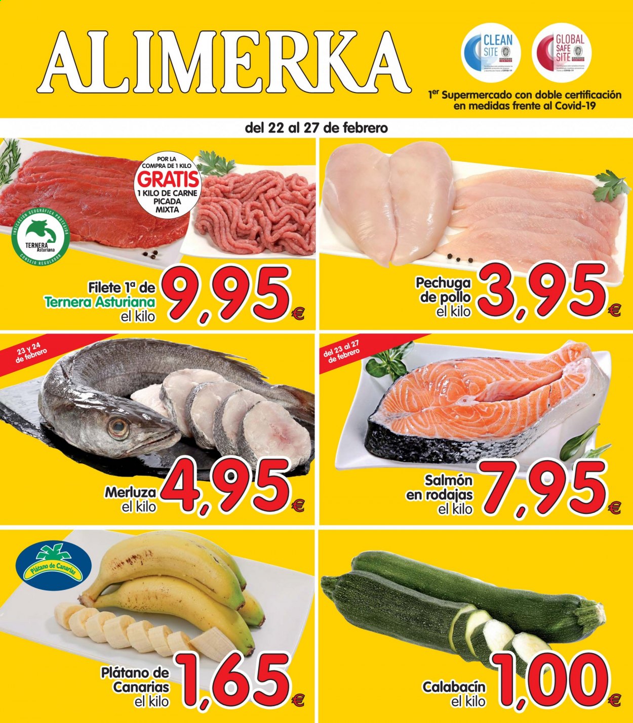 thumbnail - Folleto actual Alimerka - 22/02/21 - 27/02/21 - Ventas - pechuga de pollo, pollo, carne de ternera, carne picada, plátano, calabacín, merluza, salmón. Página 1.