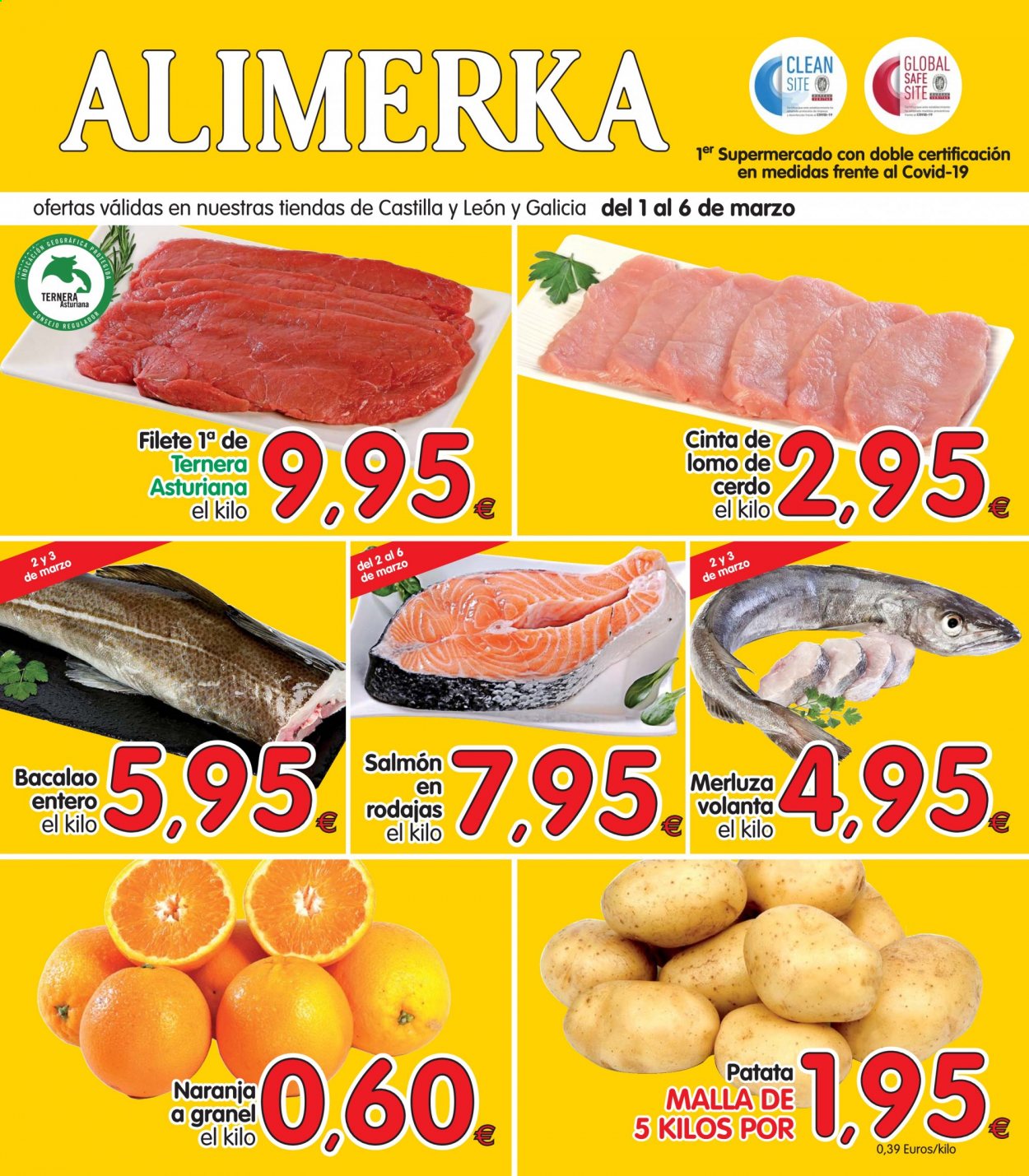 thumbnail - Folleto actual Alimerka - 01/03/21 - 06/03/21 - Ventas - lomo de cerdo, cinta de lomo, carne de ternera, naranja, patatas, merluza, bacalao, salmón. Página 1.