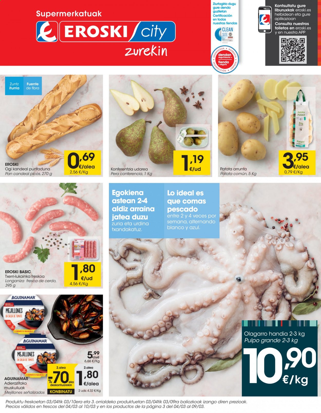 thumbnail - Folleto actual Eroski - 04/03/21 - 10/03/21 - Ventas - pera, patatas, pan, pan candeal, mejillones, pulpo, pescado. Página 1.