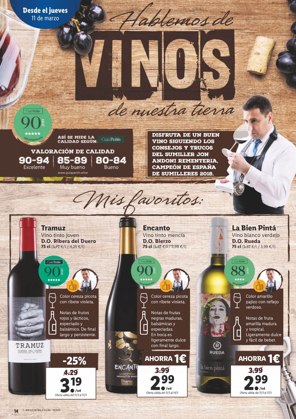 thumbnail - Folleto actual Lidl - 11/03/21 - 17/03/21 - Ventas - balsámico, vino, Verdejo, vino blanco, vino tinto, Ribera del Duero. Página 14.
