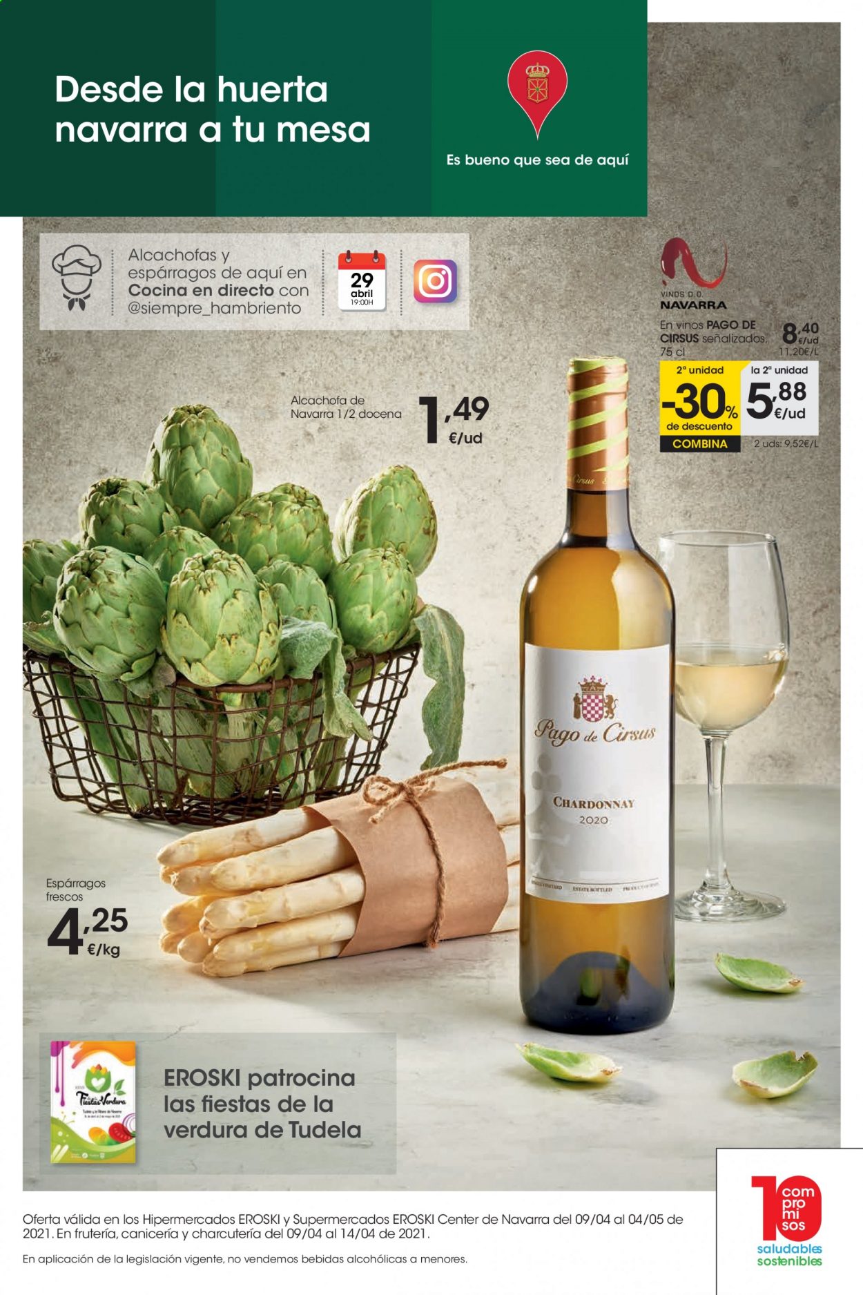 thumbnail - Folleto actual Eroski - 09/04/21 - 04/05/21 - Ventas - alcachofa, bebida, Chardonnay, bebida alcohólica. Página 1.
