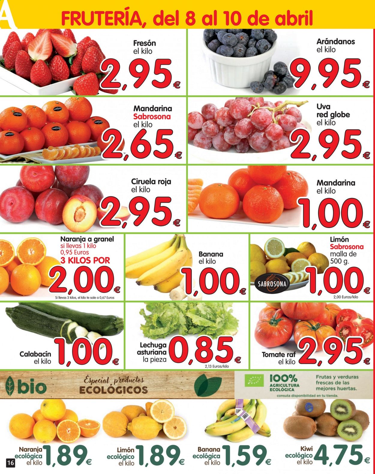 thumbnail - Folleto actual Alimerka - 08/04/21 - 21/04/21 - Ventas - banana, uva, kiwi, arándano, ciruela, limón, mandarina, naranja, tomate, lechuga, calabacín. Página 16.