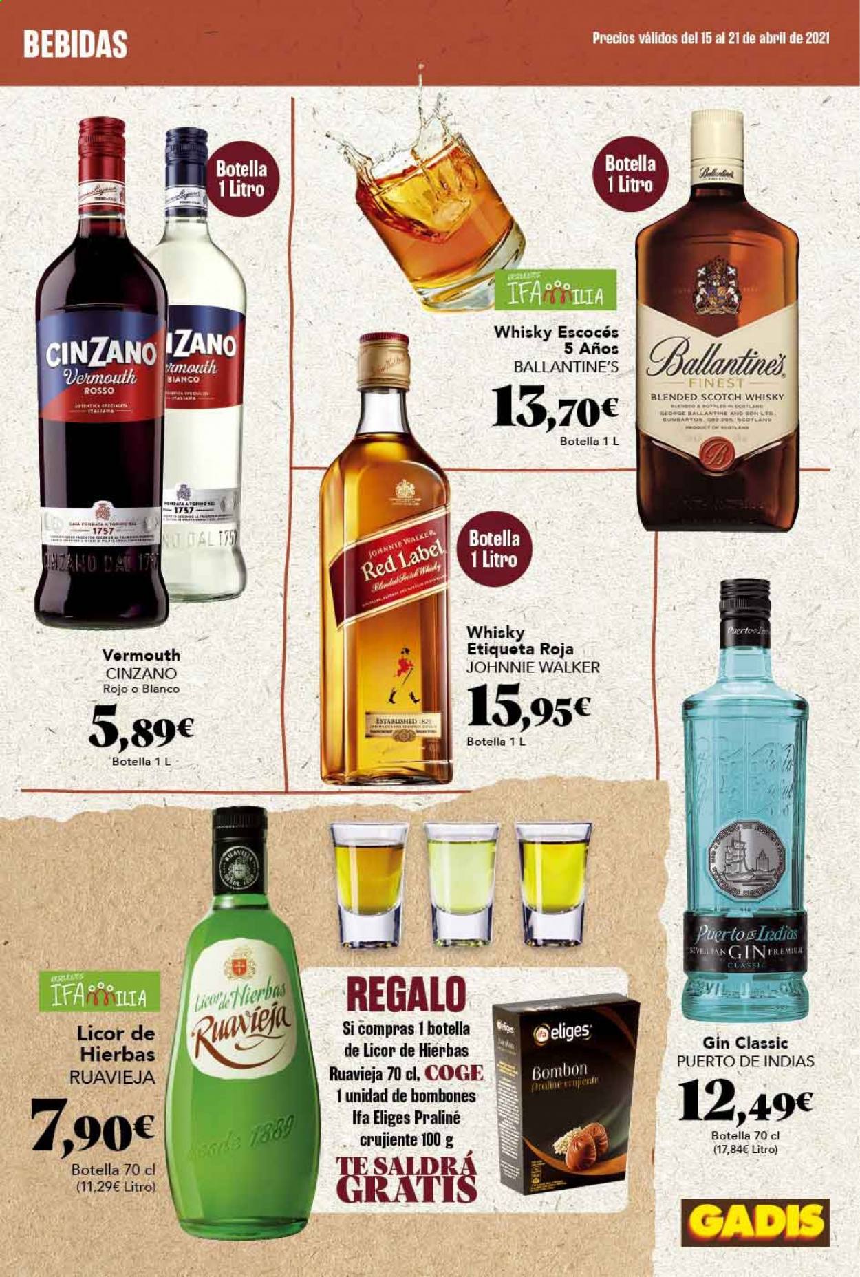 thumbnail - Folleto actual Gadis - 15/04/21 - 21/04/21 - Ventas - bombones, praliné, bebida, Cinzano, Ballantine's, gin, Johnnie Walker, vermouth, whisky, Scotch Whisky, Red Label. Página 35.