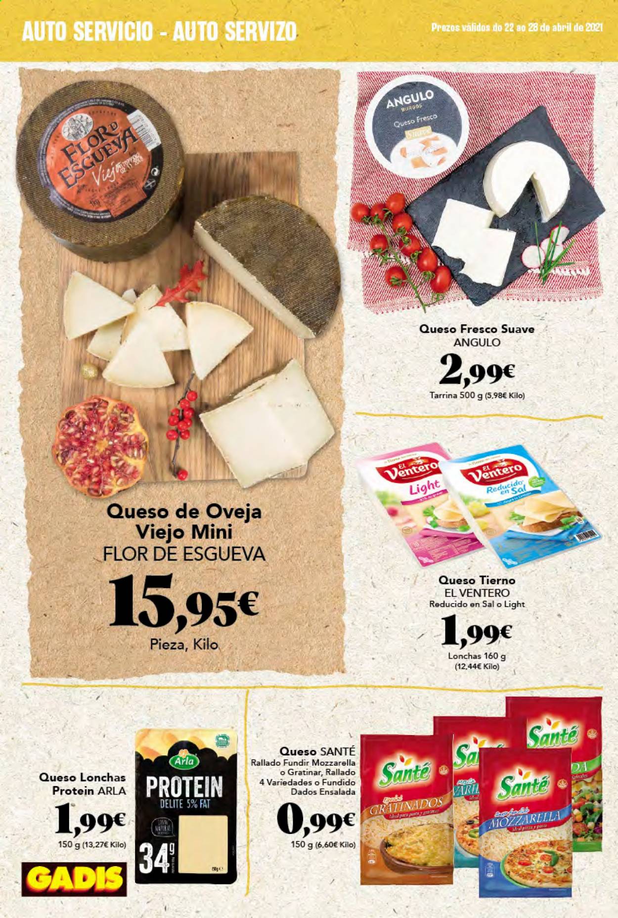 thumbnail - Folleto actual Gadis - 22/04/21 - 28/04/21 - Ventas - ensalada, Arla, mozzarella, queso de oveja, queso fresco, queso lonchas, sal, Sante. Página 16.