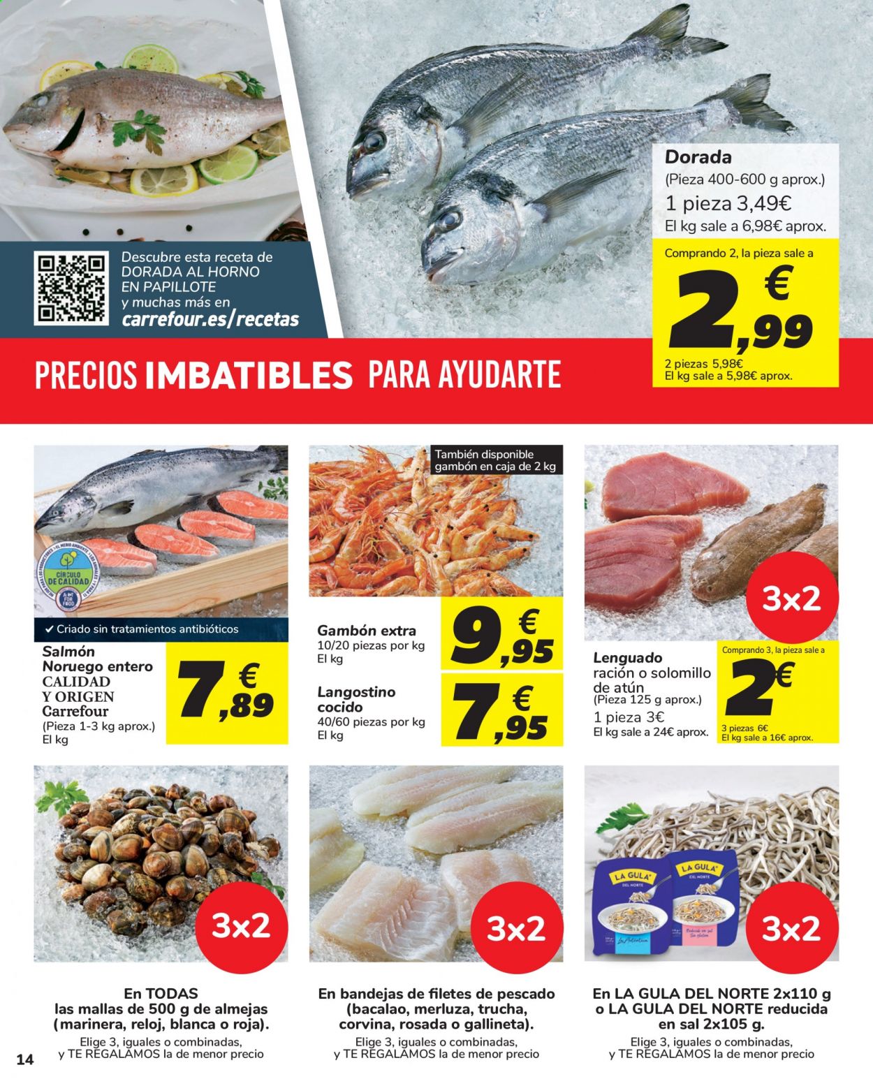 thumbnail - Folleto actual Carrefour - 27/04/21 - 10/05/21 - Ventas - solomillo, merluza, dorada pescado, gambón, langostino, salmón, solomillo de atún, sal, La Gula del Norte. Página 14.