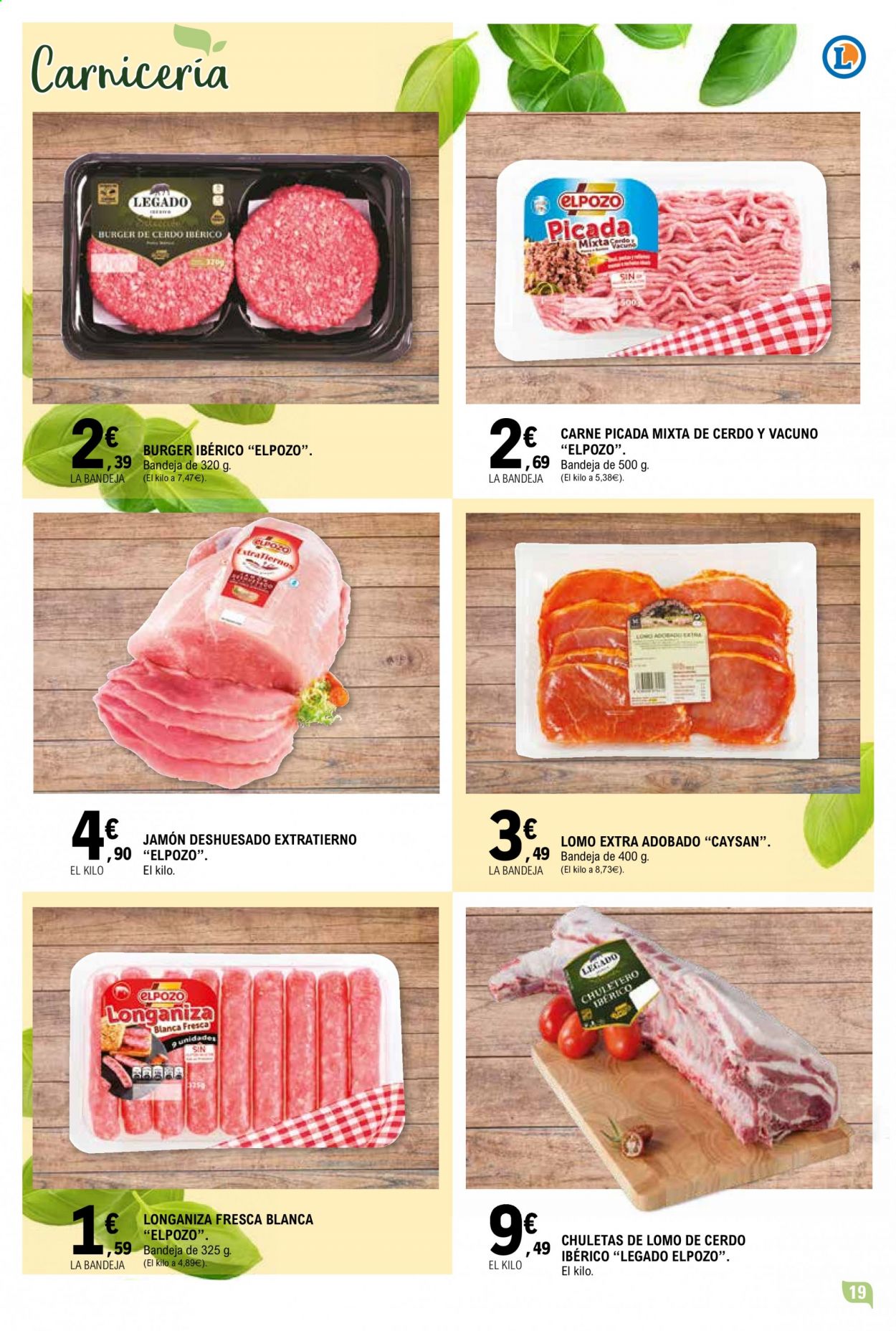 thumbnail - Folleto actual E.Leclerc - 28/04/21 - 09/05/21 - Ventas - cerdo ibérico, lomo de cerdo, chuletero, hamburguesa, carne picada, jamón. Página 19.