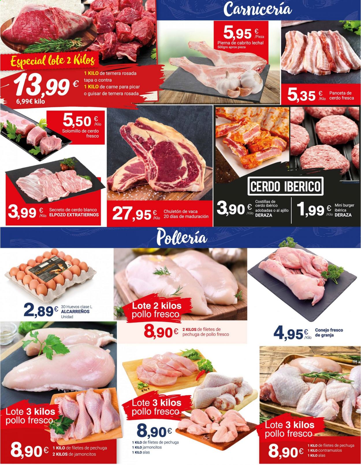 thumbnail - Folleto actual Supermercados Plaza - 30/04/21 - 16/05/21 - Ventas - solomillo, cerdo ibérico, costilla, secreto de cerdo, solomillo de cerdo, contramuslo, pollo, chuletón, carne de ternera, hamburguesa, conejo, panceta, huevo. Página 10.