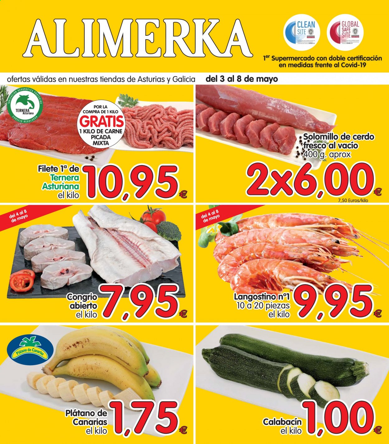 thumbnail - Folleto actual Alimerka - 03/05/21 - 08/05/21 - Ventas - solomillo, solomillo de cerdo, carne de ternera, carne picada, plátano, calabacín, langostino. Página 1.