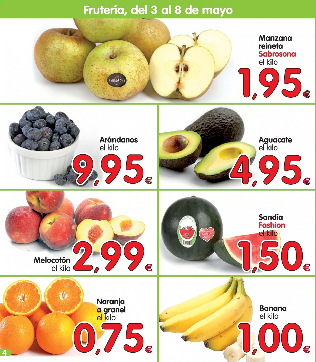 thumbnail - Folleto actual Alimerka - 03/05/21 - 08/05/21 - Ventas - banana, aguacate, arándano, manzanas, melocotón, naranja. Página 4.