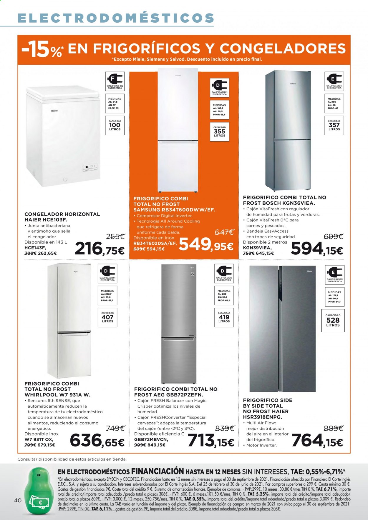 thumbnail - Folleto actual Hipercor - 06/05/21 - 19/05/21 - Ventas - AEG, Bosch, Whirlpool, Samsung, frigorífico, frigorífico combi, Haier, congelador, compresor. Página 46.