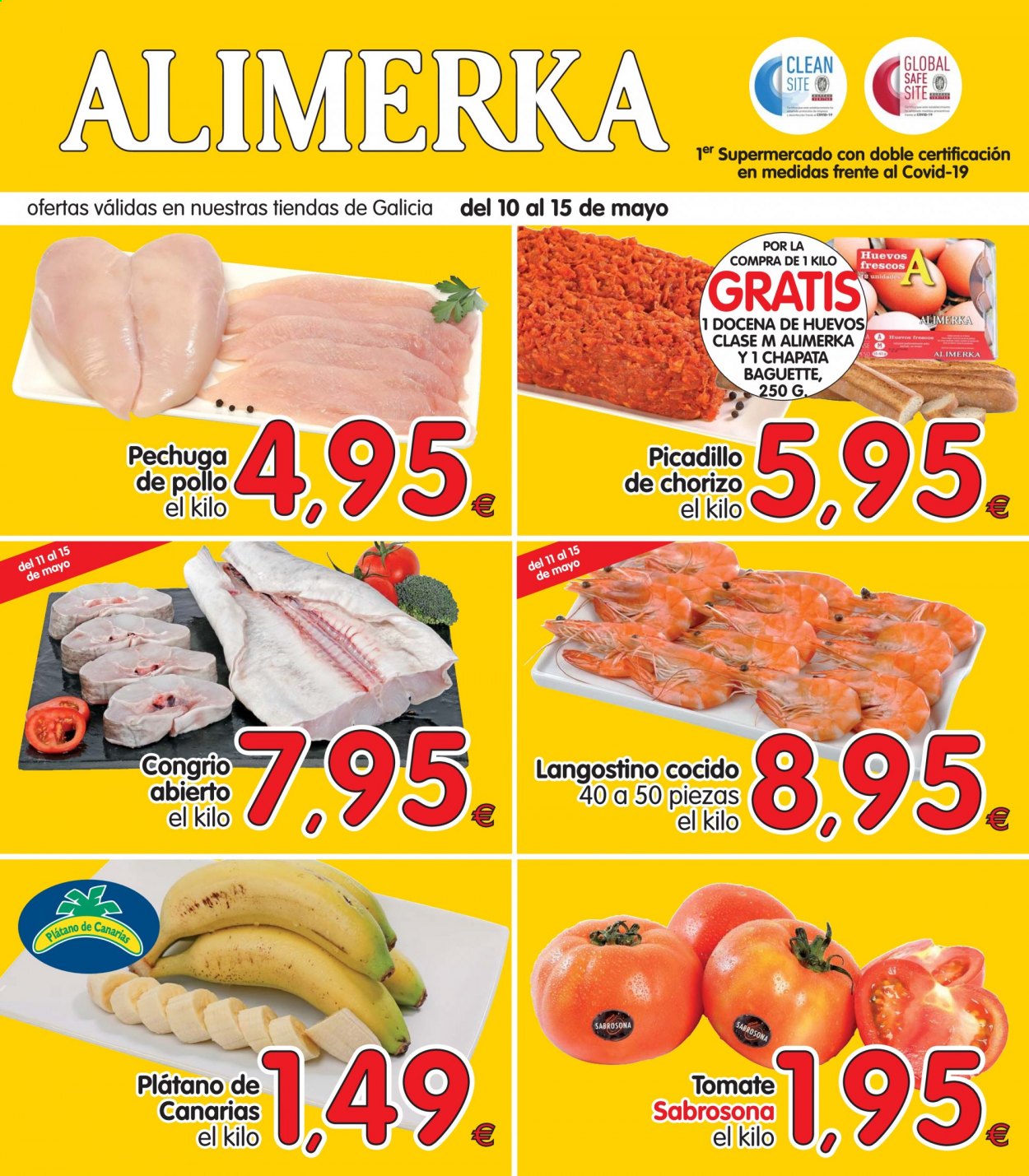 thumbnail - Folleto actual Alimerka - 10/05/21 - 15/05/21 - Ventas - pechuga de pollo, pollo, plátano, tomate, baguette, chapata, langostino, picadillo, chorizo. Página 1.