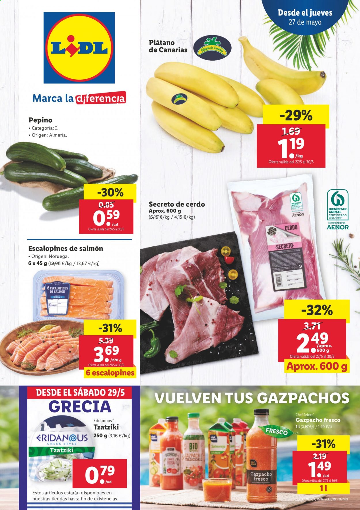 thumbnail - Folleto actual Lidl - 27/05/21 - 02/06/21 - Ventas - secreto de cerdo, plátano, pepino, salmón, tzatziki. Página 1.