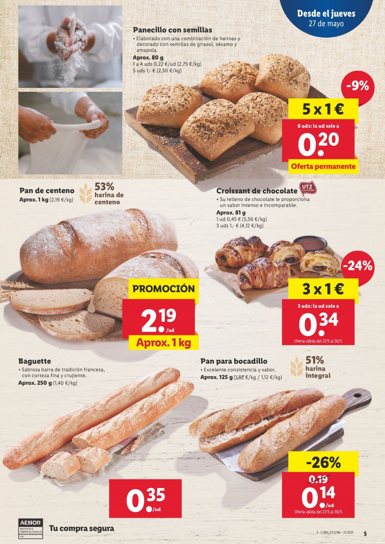 thumbnail - Folleto actual Lidl - 27/05/21 - 02/06/21 - Ventas - baguette, pan, panecillo, pan de centeno, croissant, harina. Página 5.