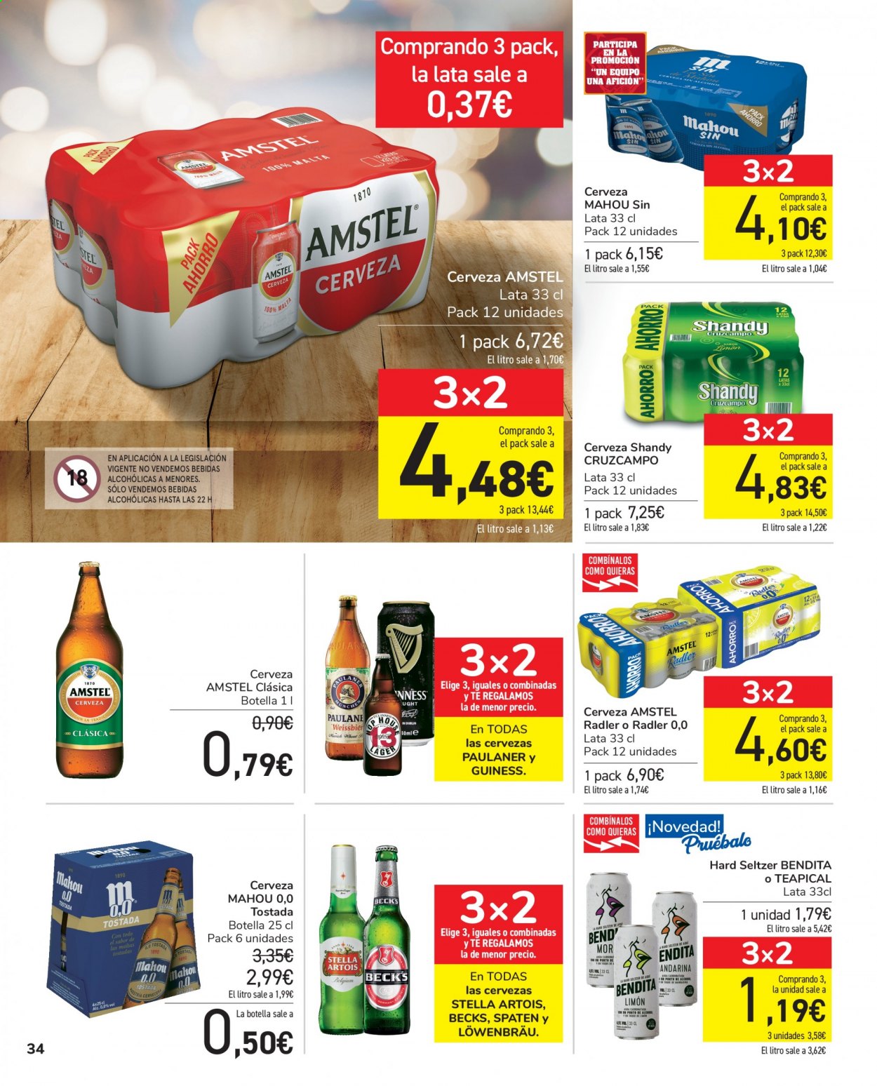thumbnail - Folleto actual Carrefour - 25/05/21 - 07/06/21 - Ventas - Mahou, Stella Artois, Paulaner, Cruzcampo, bebida, bebida alcohólica. Página 34.
