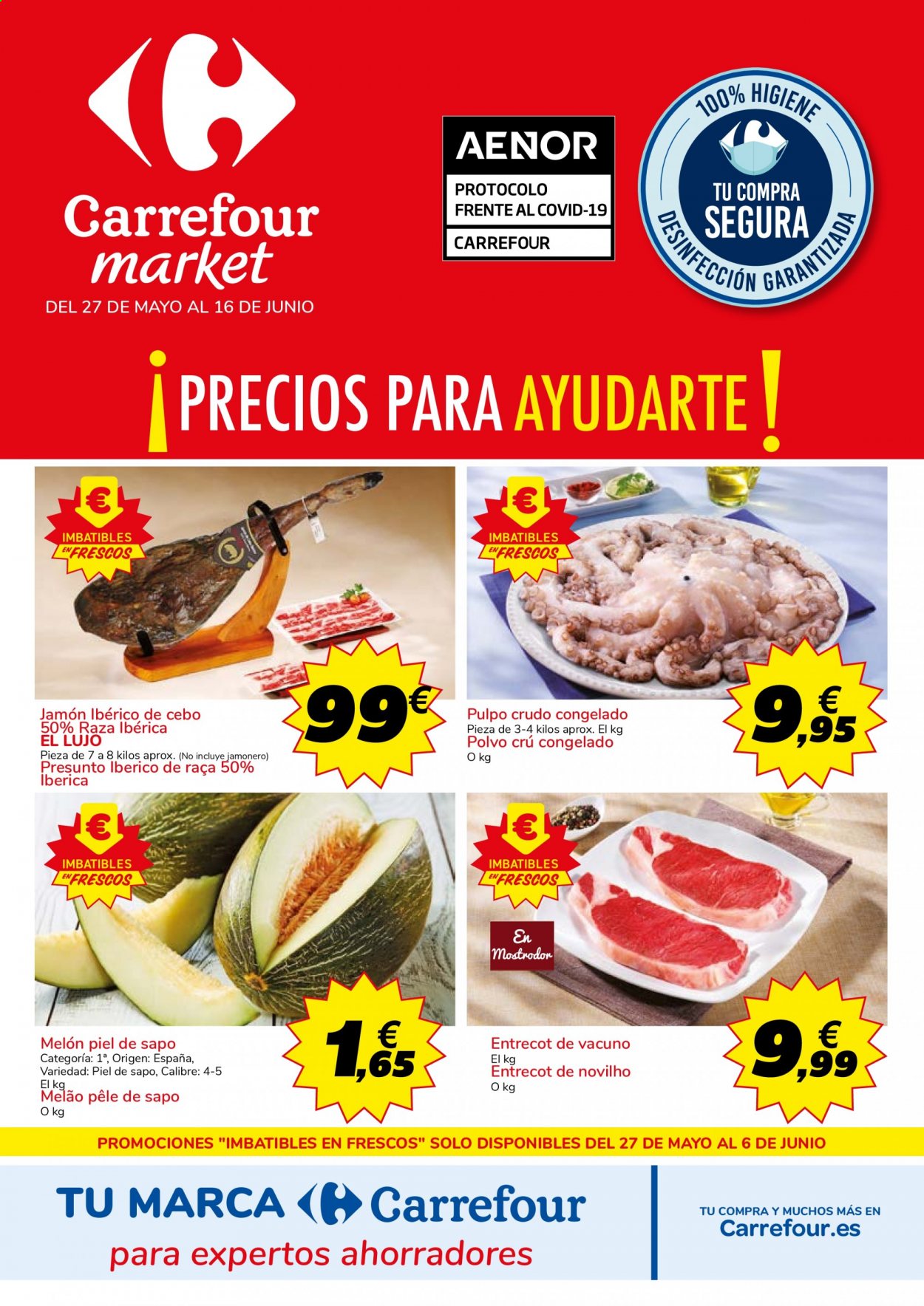 thumbnail - Folleto actual Carrefour - 27/05/21 - 16/06/21 - Ventas - entrecot, pulpo, jamón, jamón ibérico, jamonero. Página 1.