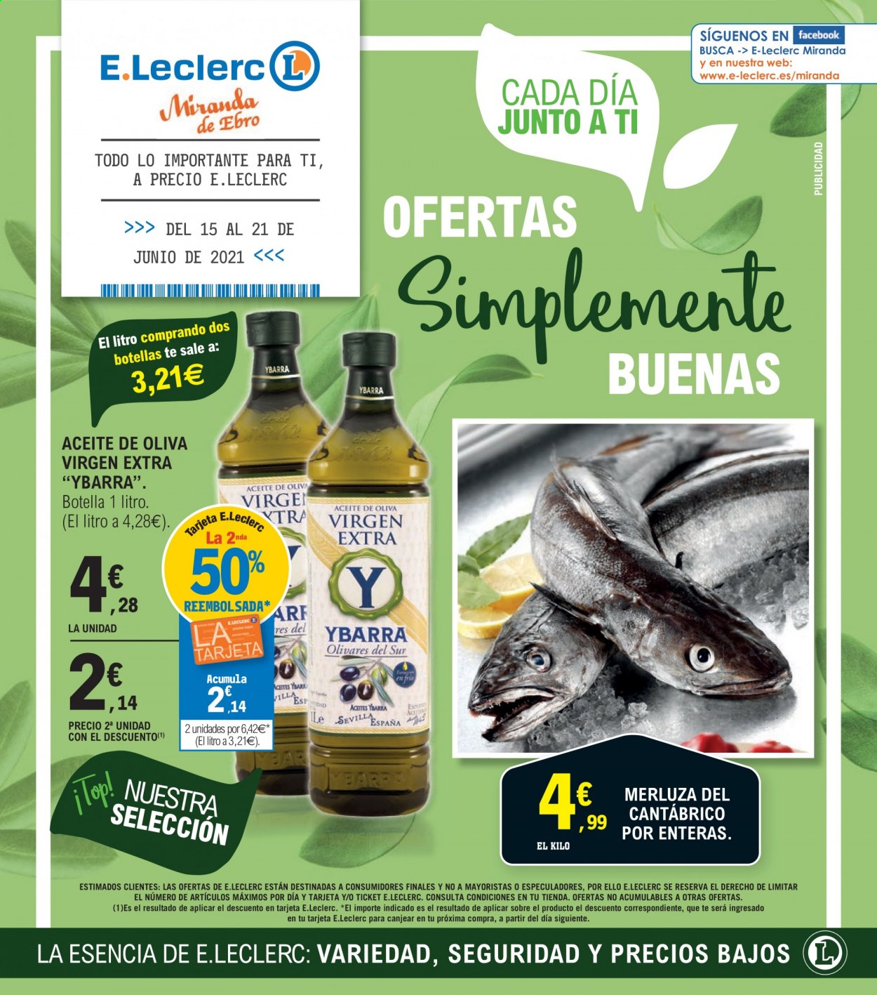thumbnail - Folleto actual E.Leclerc - 15/06/21 - 21/06/21 - Ventas - merluza, Ybarra, aceite de oliva, aceite de oliva extra virgen. Página 1.