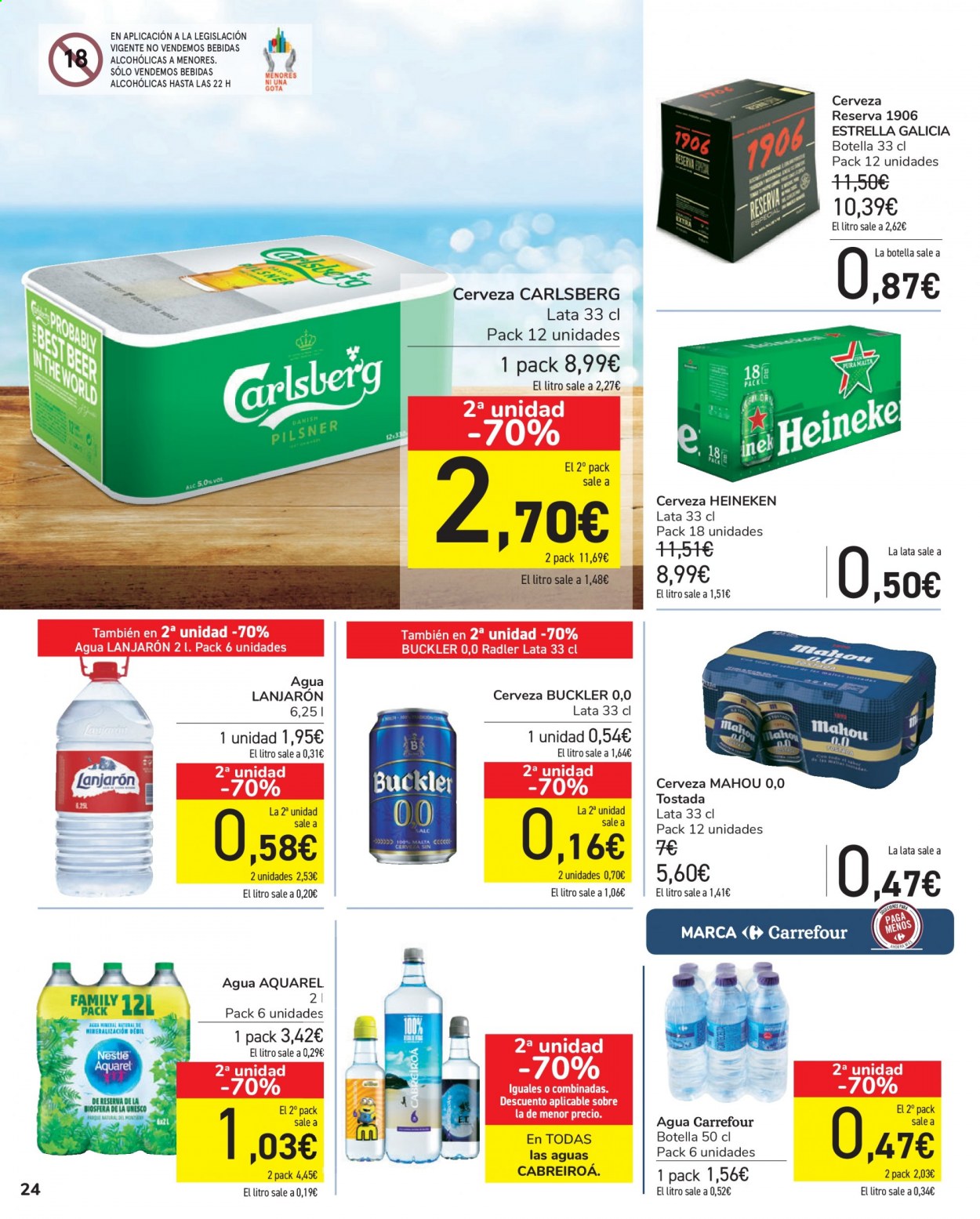 thumbnail - Folleto actual Carrefour - 16/07/21 - 28/07/21 - Ventas - Carlsberg, Estrella Galicia, Heineken, Mahou, Nestlé, bebida, agua, bebida alcohólica. Página 24.