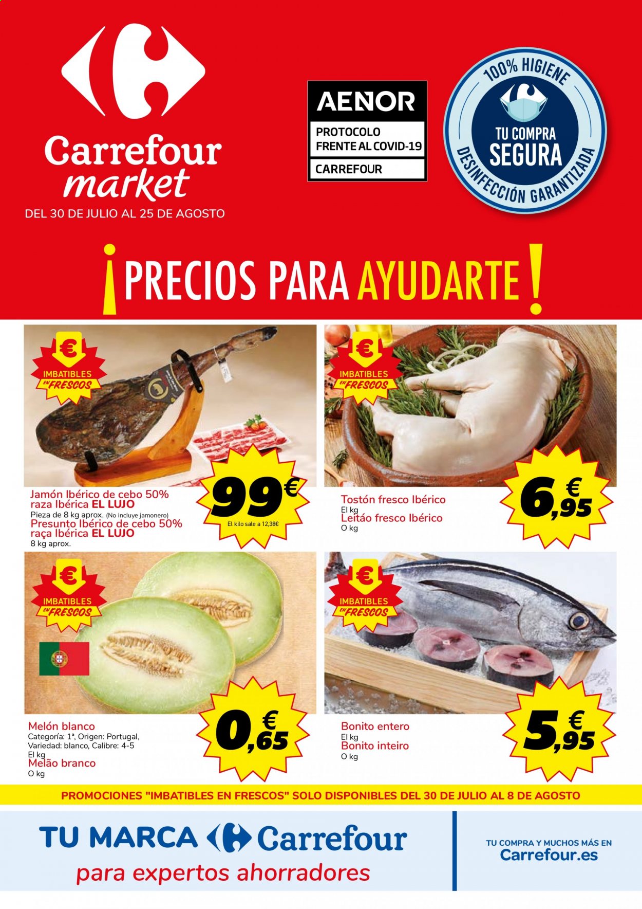 thumbnail - Folleto actual Carrefour - 30/07/21 - 25/08/21 - Ventas - melón blanco, jamón, jamón ibérico, jamonero. Página 1.