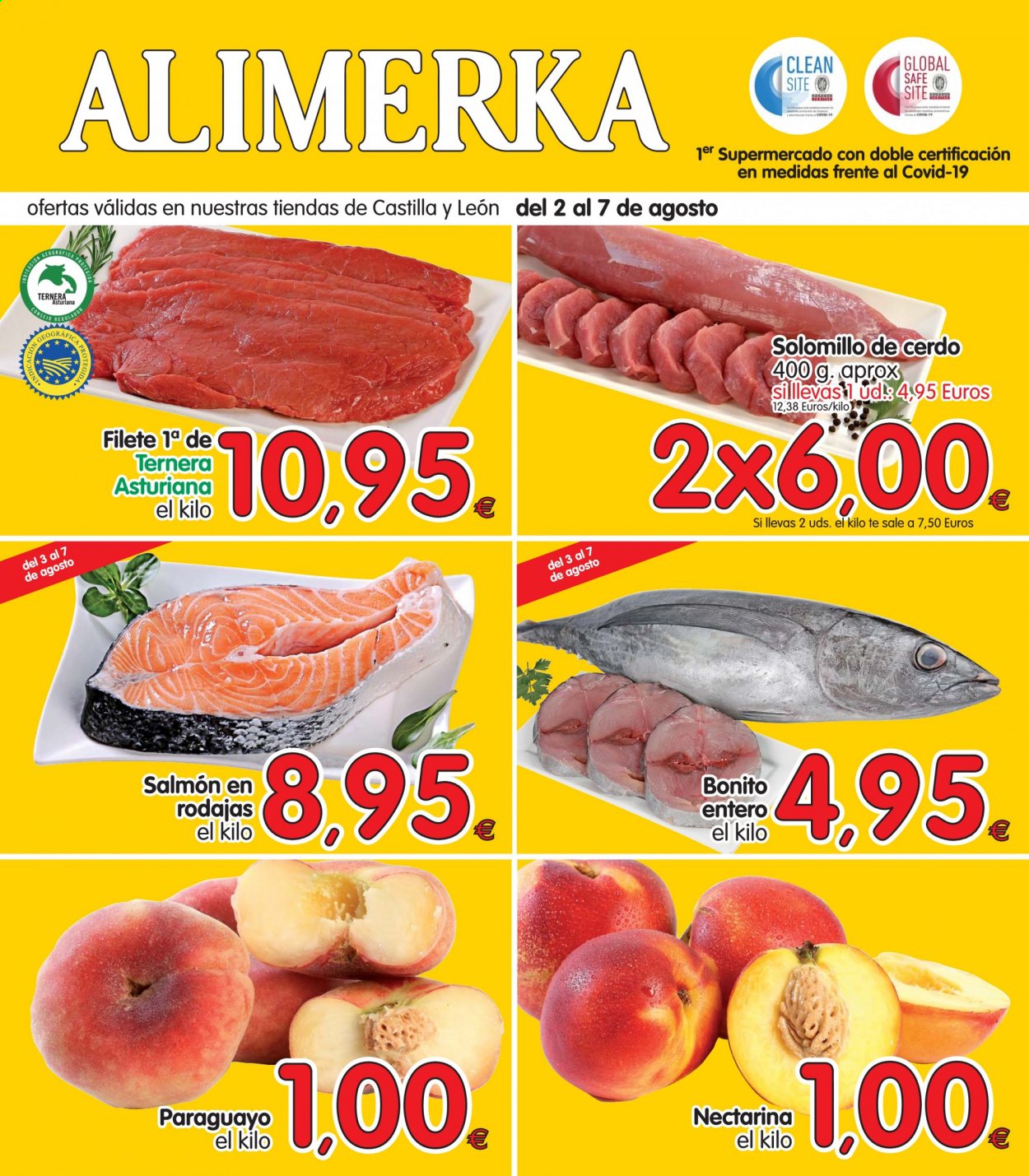 thumbnail - Folleto actual Alimerka - 02/08/21 - 07/08/21 - Ventas - solomillo, solomillo de cerdo, carne de ternera, salmón. Página 1.