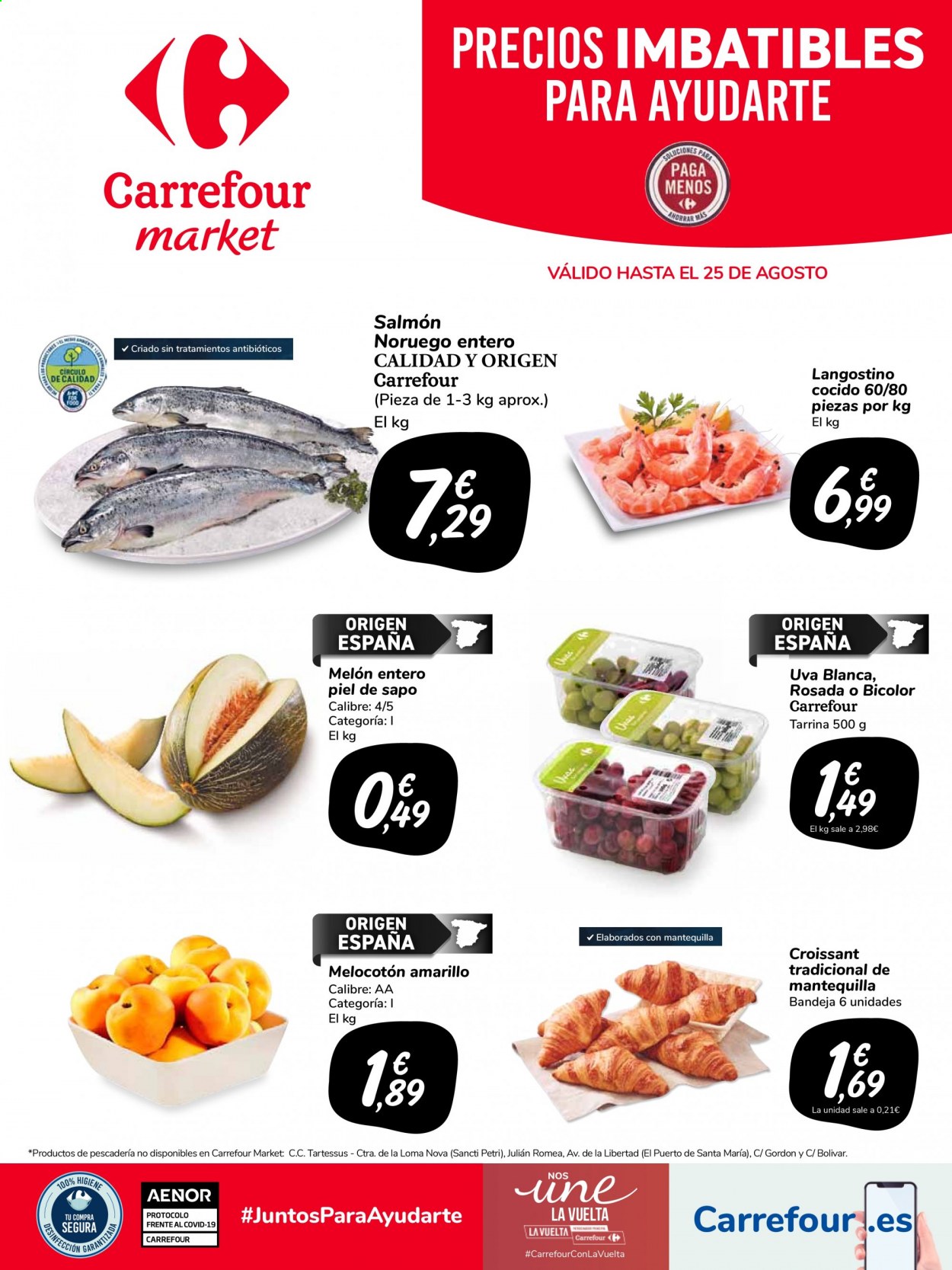 thumbnail - Folleto actual Carrefour - 19/08/21 - 25/08/21 - Ventas - uva, melocotón, croissant, langostino, salmón. Página 1.