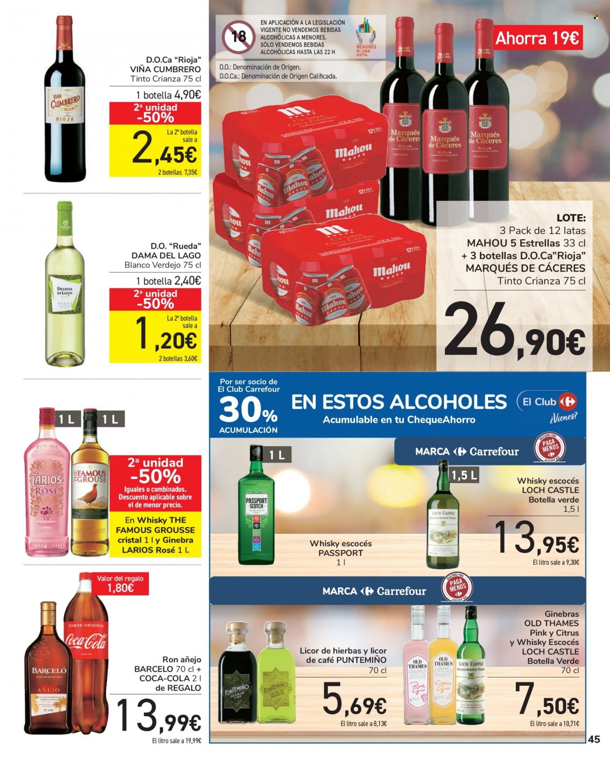thumbnail - Folleto actual Carrefour - 10/09/21 - 22/09/21 - Ventas - Mahou, bebida, Coca-cola, Verdejo, Rioja, Crianza, ron, Barceló, gin, Larios, licor de hierbas, whisky, bebida alcohólica. Página 45.