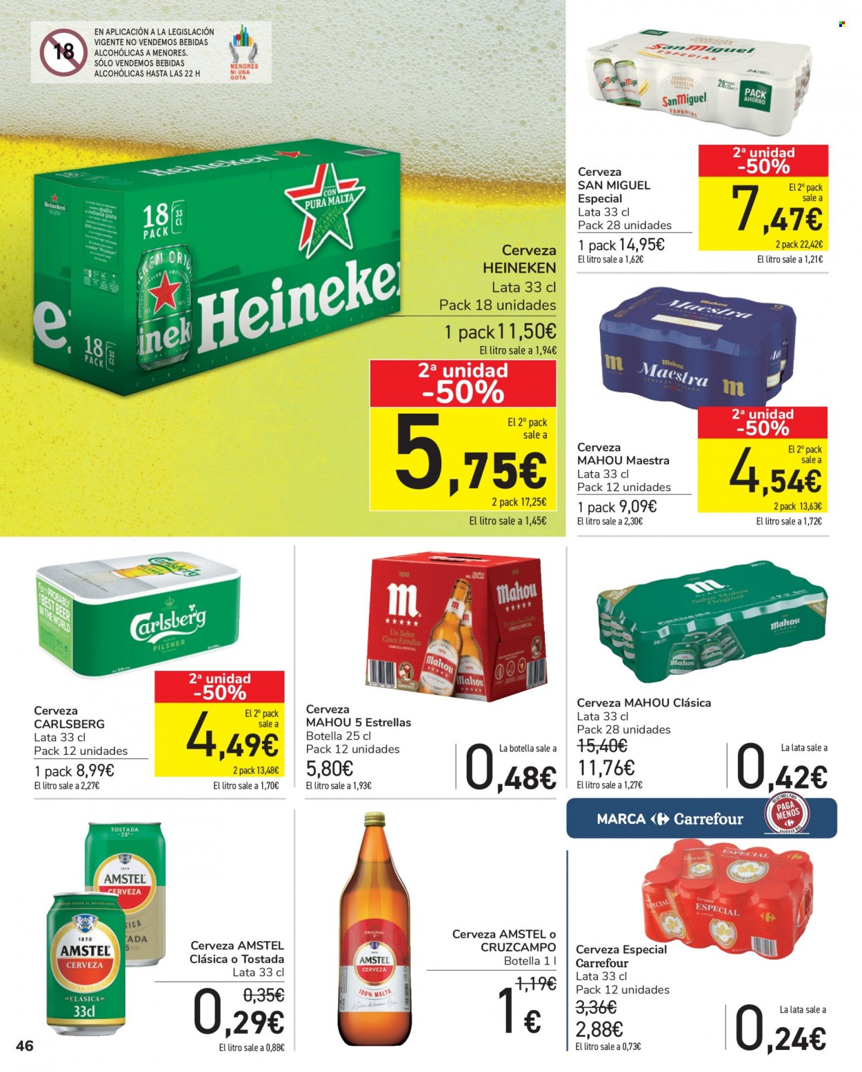 thumbnail - Folleto actual Carrefour - 10/09/21 - 22/09/21 - Ventas - Carlsberg, Heineken, Mahou, San Miguel, Cruzcampo, bebida, bebida alcohólica. Página 46.