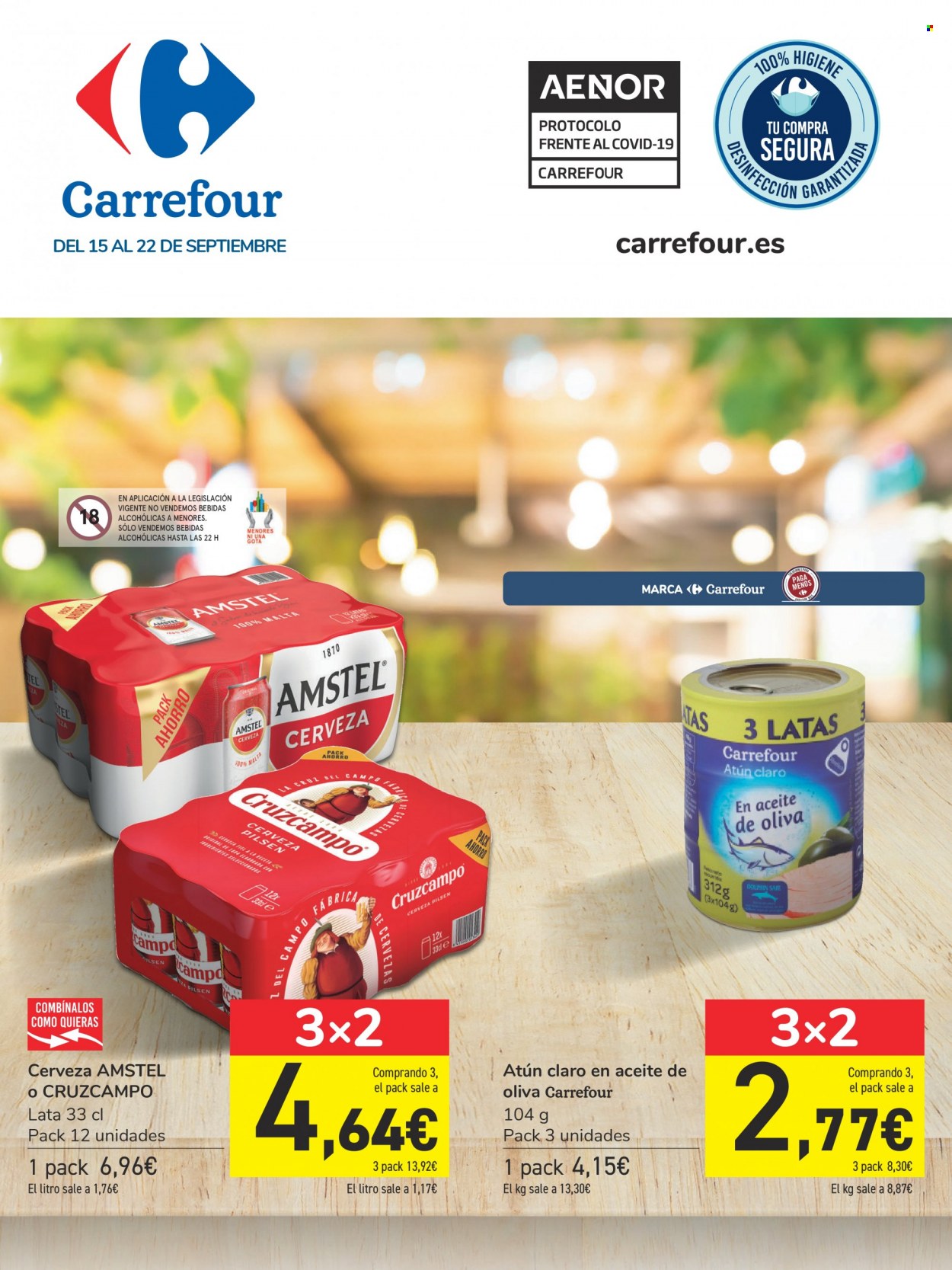 thumbnail - Folleto actual Carrefour - 15/09/21 - 22/09/21 - Ventas - Cruzcampo, Pilsen, atún en lata, bebida, bebida alcohólica. Página 1.