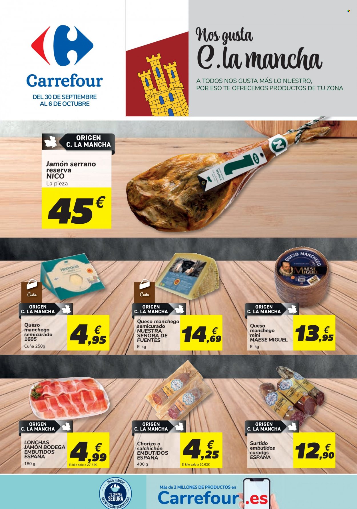 thumbnail - Folleto actual Carrefour - 30/09/21 - 06/10/21 - Ventas - jamón, chorizo, jamón bodega, jamón serrano, salchichón, queso Manchego. Página 1.