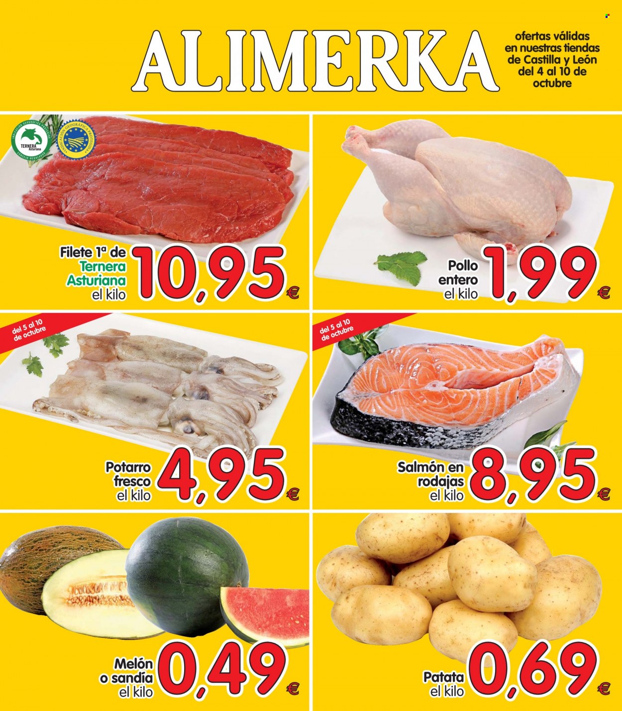 thumbnail - Folleto actual Alimerka - 04/10/21 - 10/10/21 - Ventas - pollo, carne de ternera, patatas, salmón. Página 1.