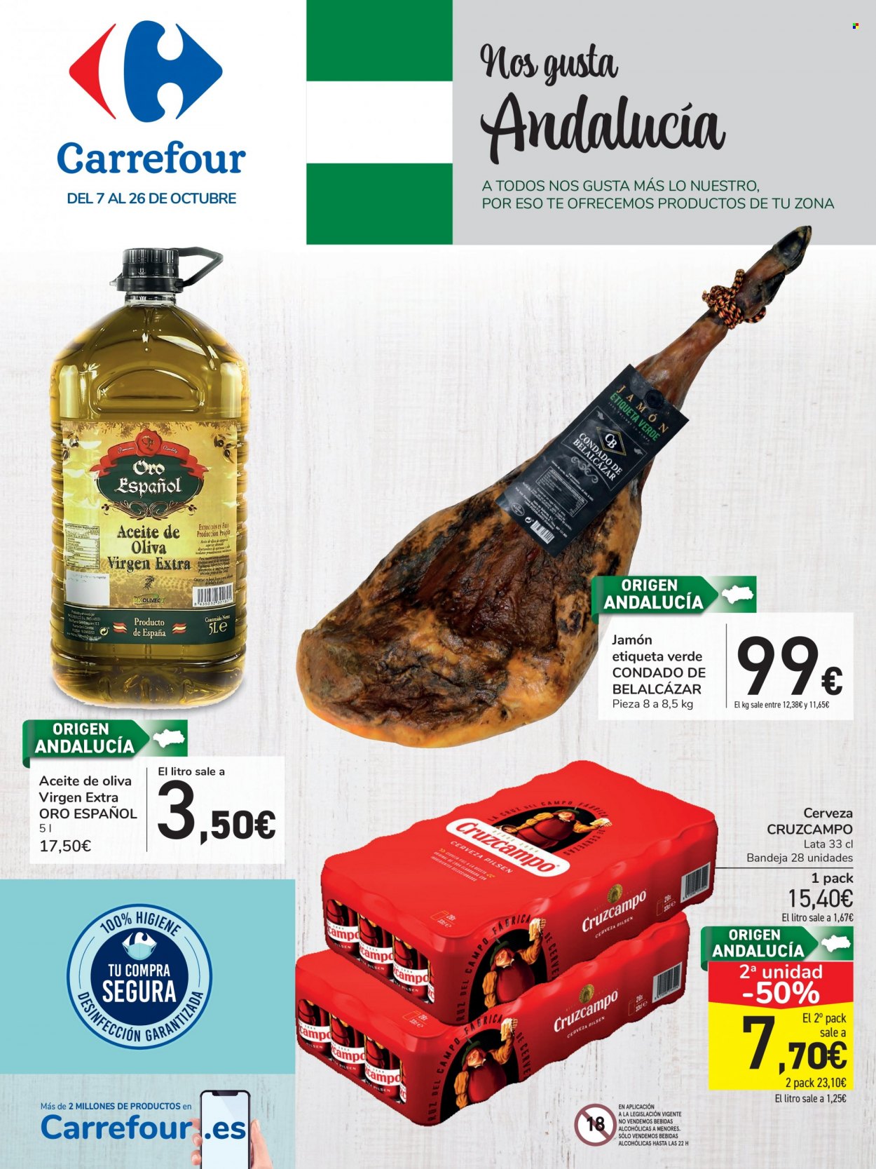 thumbnail - Folleto actual Carrefour - 07/10/21 - 26/10/21 - Ventas - Cruzcampo, jamón, aceite de oliva, aceite de oliva extra virgen, bebida, bebida alcohólica. Página 1.