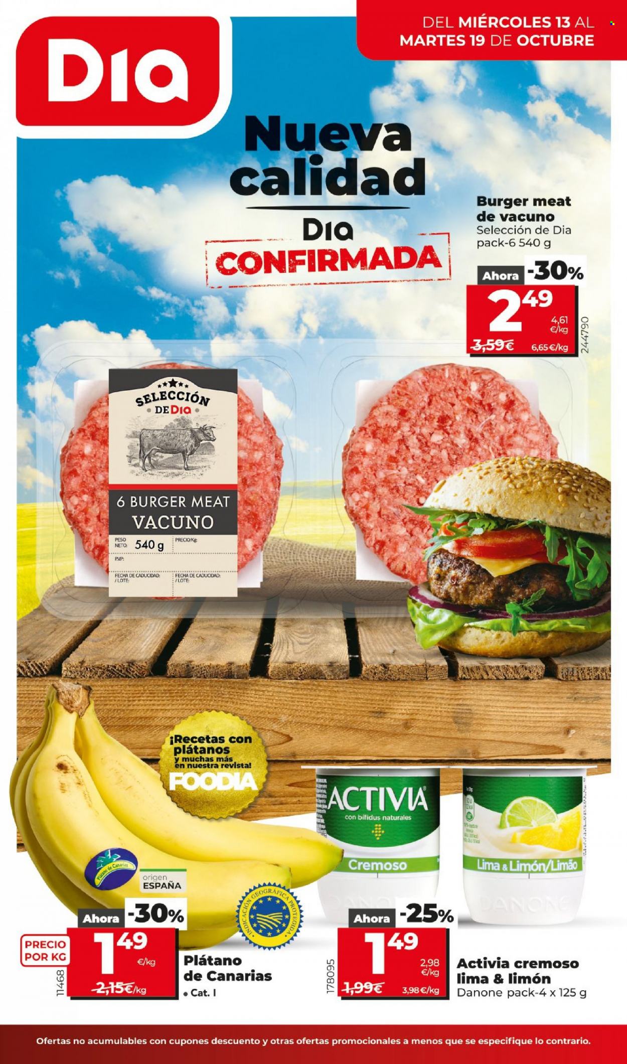 thumbnail - Folleto actual Dia - 13/10/21 - 19/10/21 - Ventas - hamburguesa, carne picada, Danone, Activia. Página 1.