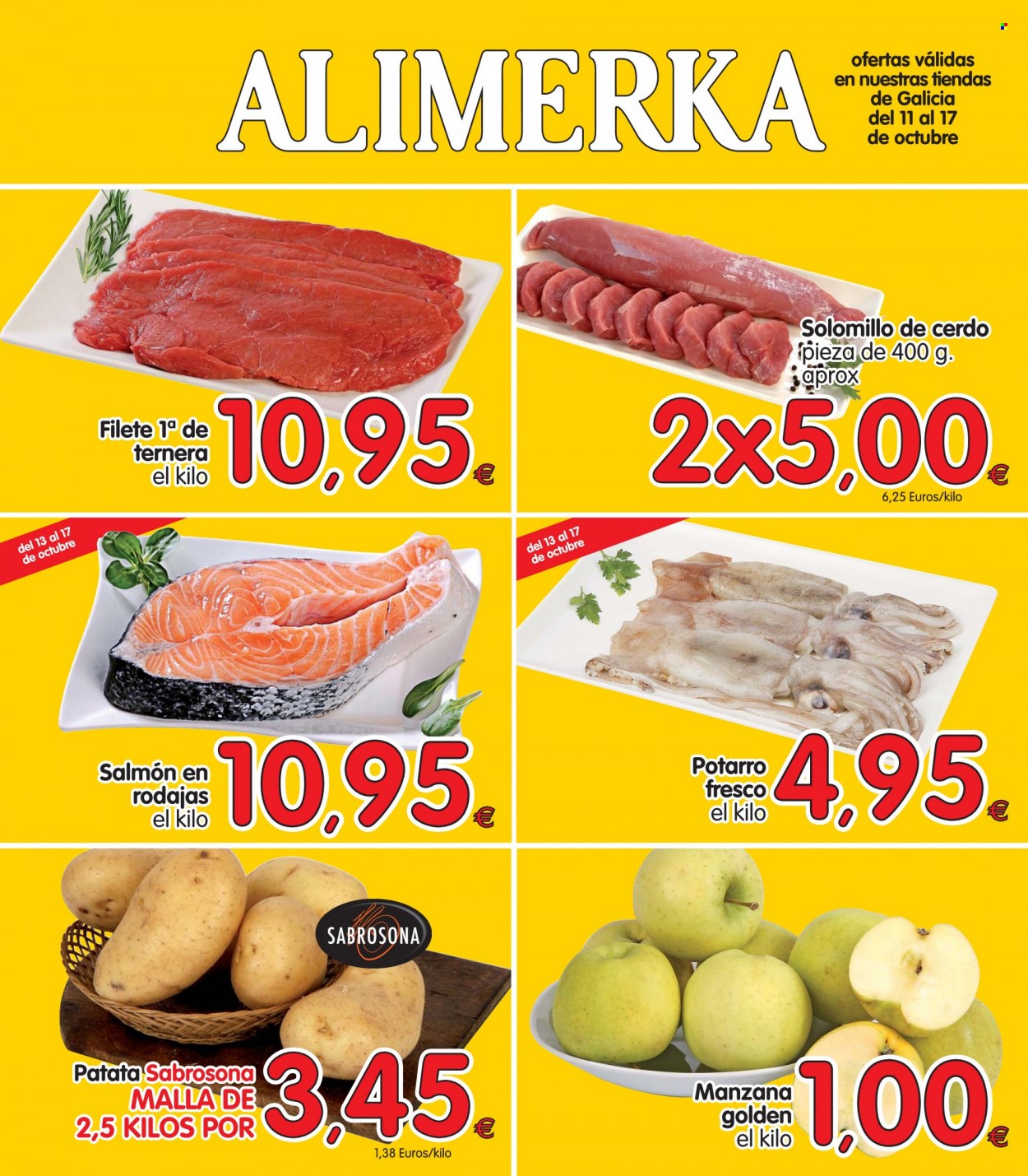 thumbnail - Folleto actual Alimerka - 11/10/21 - 17/10/21 - Ventas - solomillo, solomillo de cerdo, carne de ternera, manzanas, patatas, salmón. Página 1.