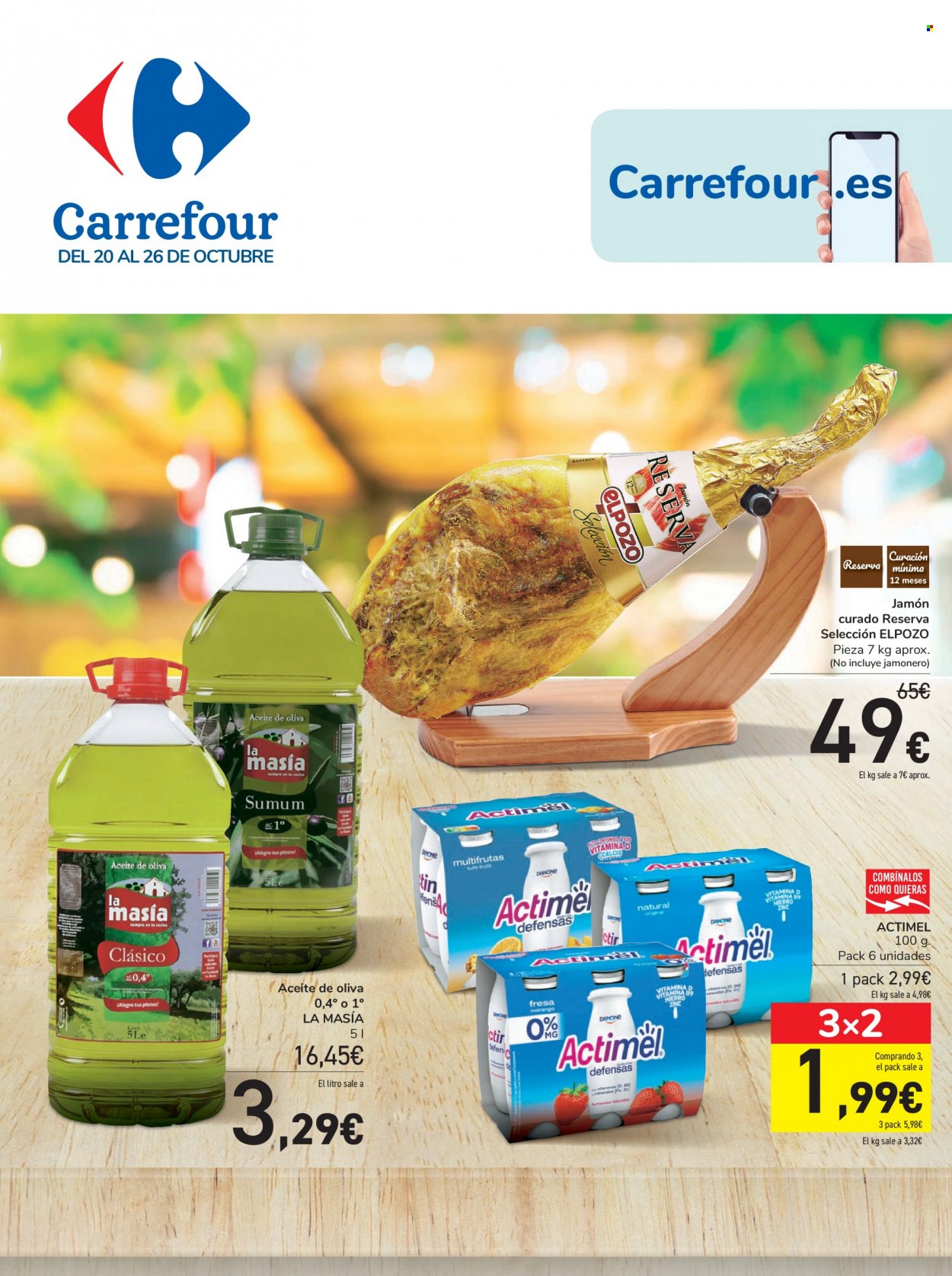 thumbnail - Folleto actual Carrefour - 20/10/21 - 26/10/21 - Ventas - jamón, jamón curado, Danone, Actimel, aceite de oliva, jamonero. Página 1.