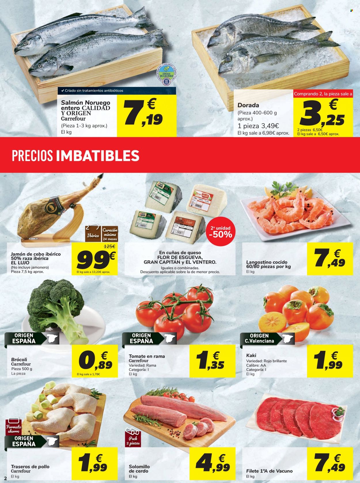 thumbnail - Folleto actual Carrefour - 20/10/21 - 26/10/21 - Ventas - solomillo, solomillo de cerdo, pollo, kaki, tomate, brócoli, dorada pescado, langostino, salmón, jamón, queso, jamonero. Página 2.